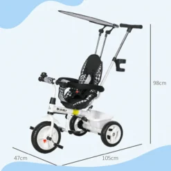 6-in-1 Dreirad mit Schubstange, Kinderdreirad mit Sonnendach, Korb, Weiß