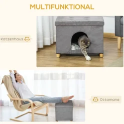 2-IN-1 Katzenhöhle Fußhocker mit Kissen Holzbeine Katzenhaus Grau