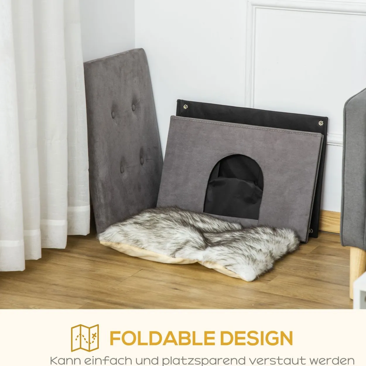 2-IN-1 Katzenhöhle Fußhocker mit Kissen Holzbeine Katzenhaus Grau