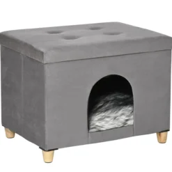 2-IN-1 Katzenhöhle Fußhocker mit Kissen Holzbeine Katzenhaus Grau