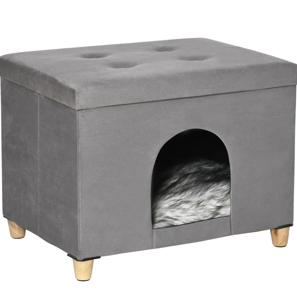 2-IN-1 Katzenhöhle Fußhocker mit Kissen Holzbeine Katzenhaus Grau