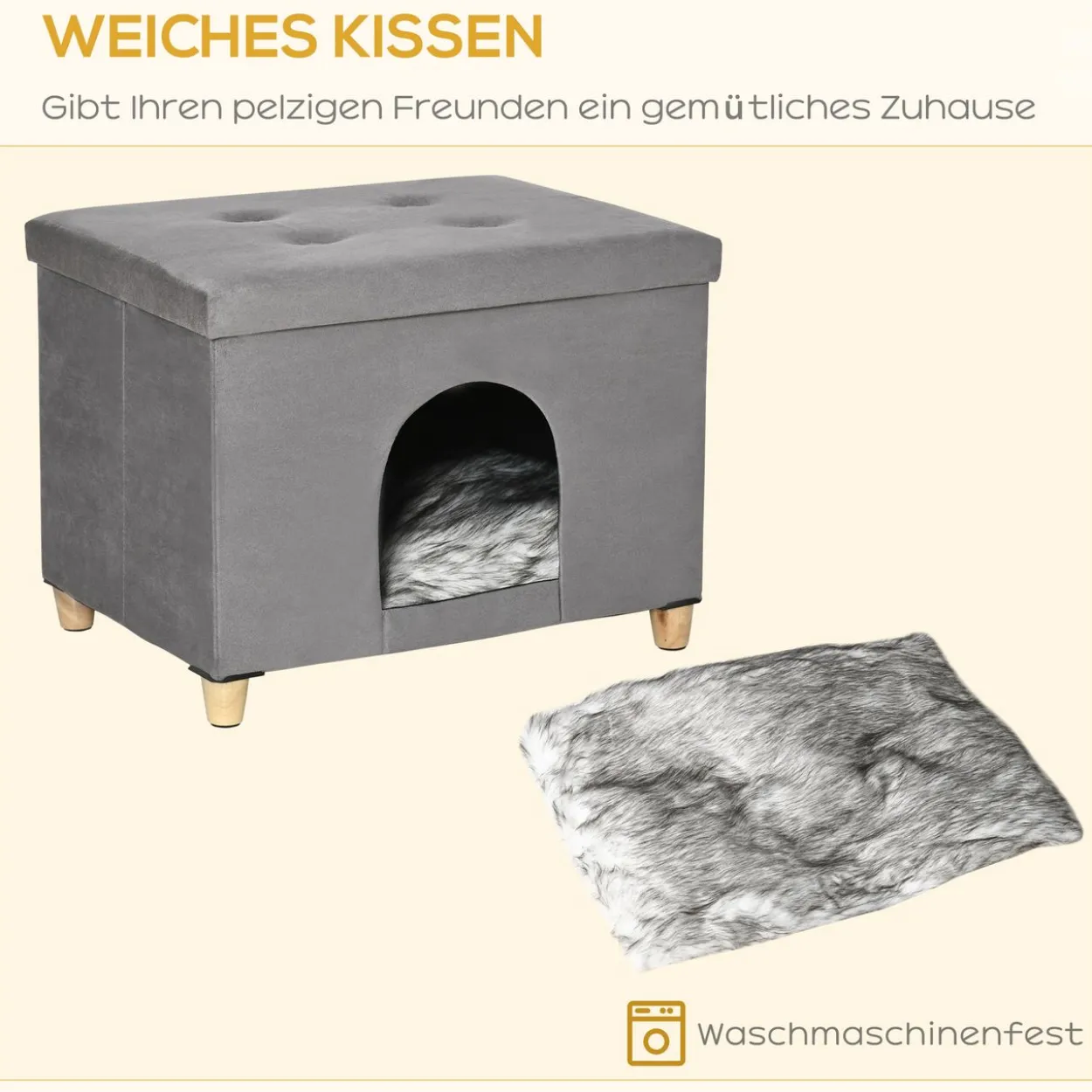 2-IN-1 Katzenhöhle Fußhocker mit Kissen Holzbeine Katzenhaus Grau