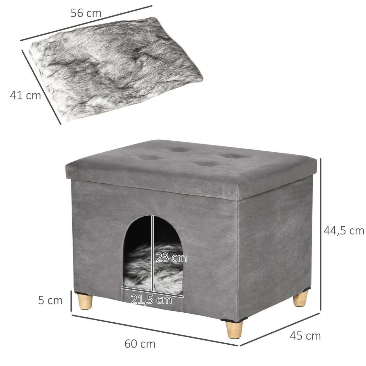 2-IN-1 Katzenhöhle Fußhocker mit Kissen Holzbeine Katzenhaus Grau