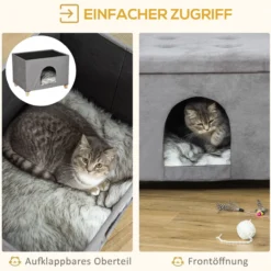 2-IN-1 Katzenhöhle Fußhocker mit Kissen Holzbeine Katzenhaus Grau
