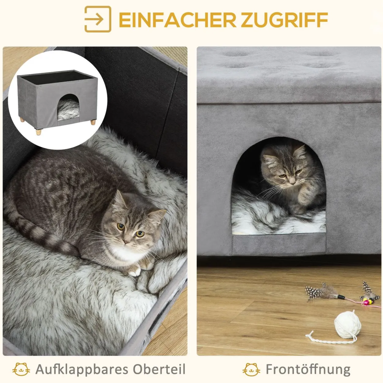 2-IN-1 Katzenhöhle Fußhocker mit Kissen Holzbeine Katzenhaus Grau