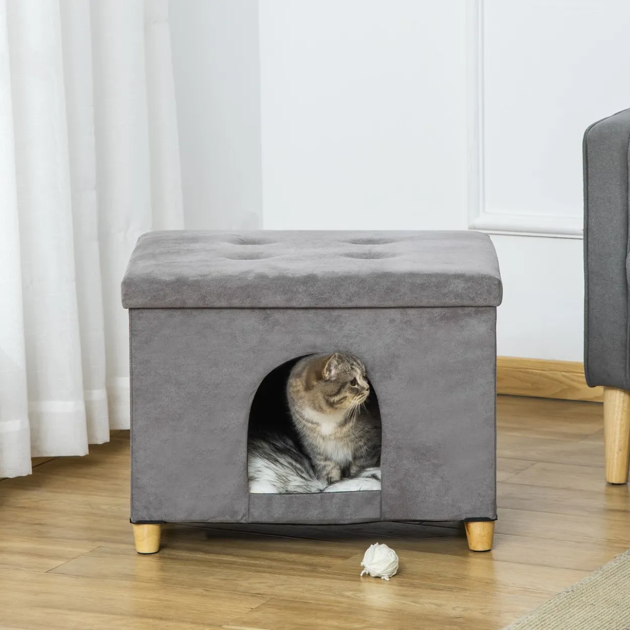 2-IN-1 Katzenhöhle Fußhocker mit Kissen Holzbeine Katzenhaus Grau