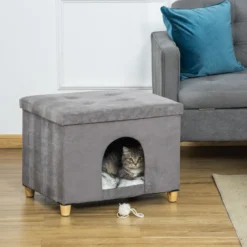 2-IN-1 Katzenhöhle Fußhocker mit Kissen Holzbeine Katzenhaus Grau