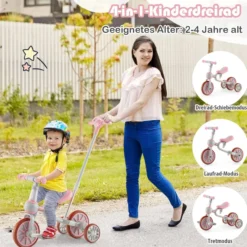 4 in 1 Kinder Dreirad & Laufrad & Balance Bike & Schiebeauto mit verstellbarem Schiebegriff