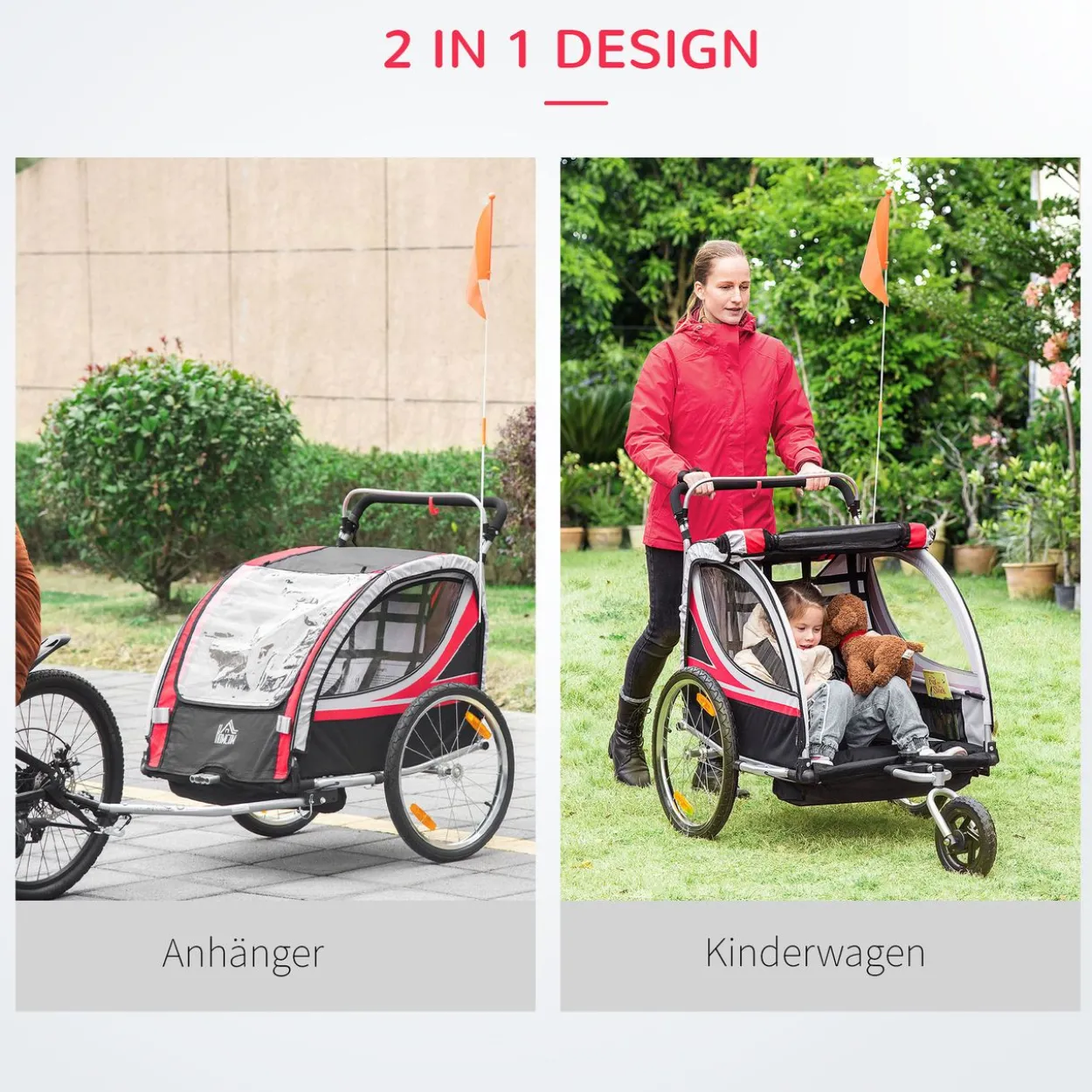2 in 1 Kinderfahrradanhänger, Kinderanhänger mit Federung, Rot+Schwarz