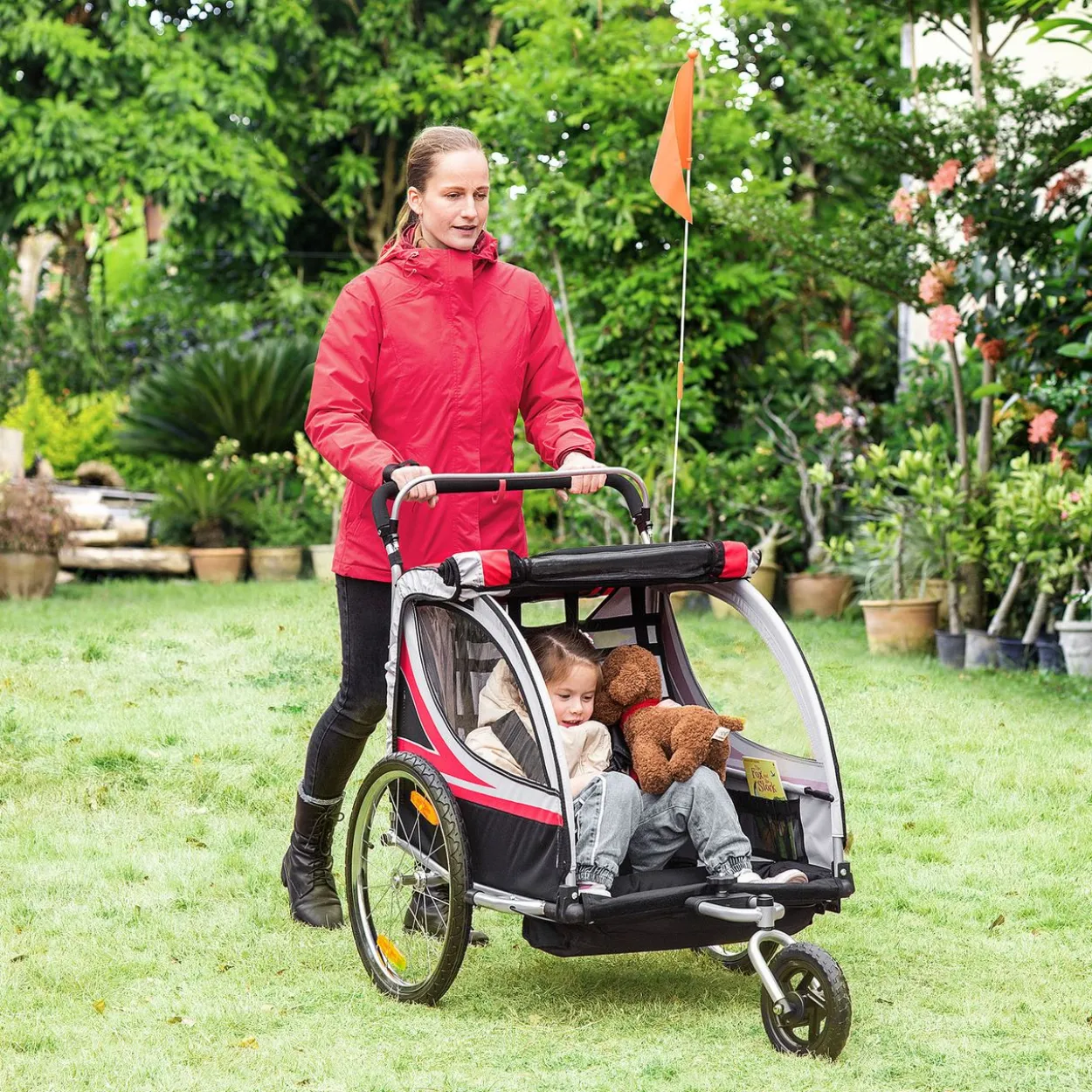 2 in 1 Kinderfahrradanhänger, Kinderanhänger mit Federung, Rot+Schwarz