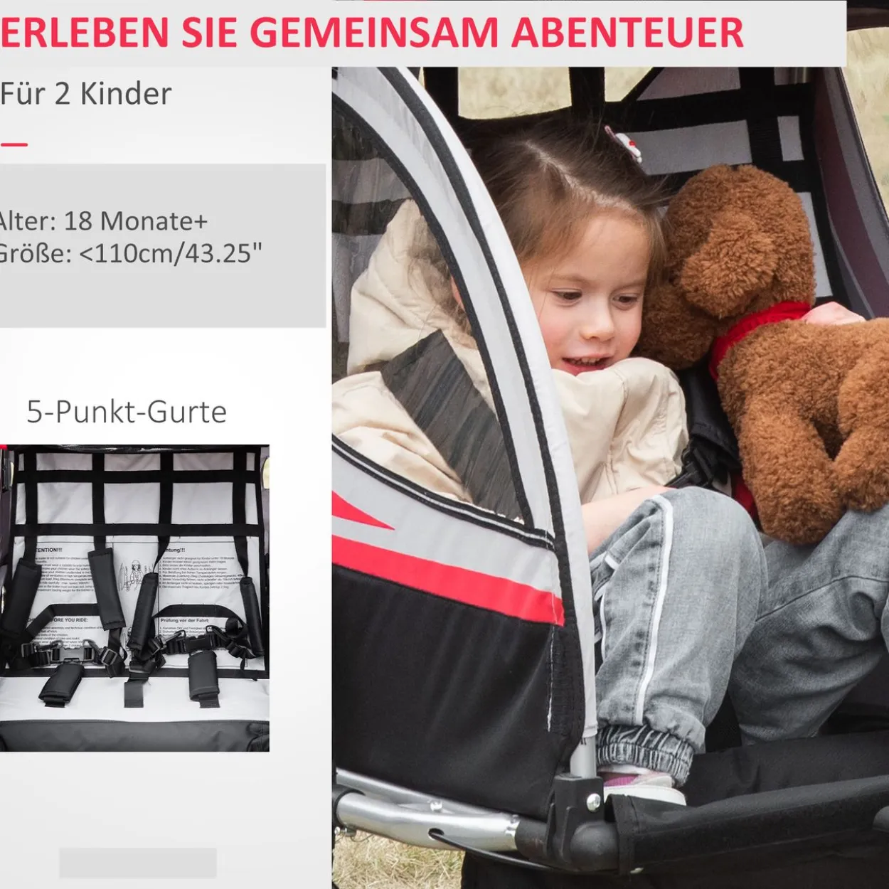 2 in 1 Kinderfahrradanhänger, Kinderanhänger mit Federung, Rot+Schwarz