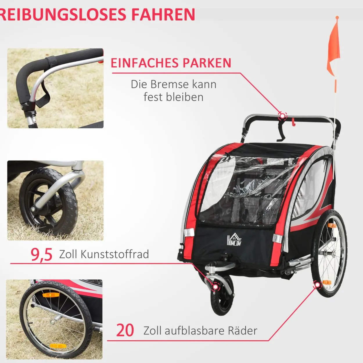 2 in 1 Kinderfahrradanhänger, Kinderanhänger mit Federung, Rot+Schwarz