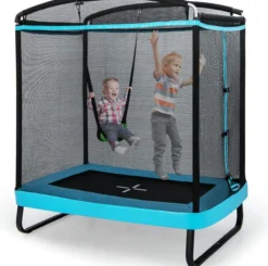 2 in 1 Kindertrampolin mit Schaukel, Gartentrampolin rechteckig mit Sicherheitsnetz