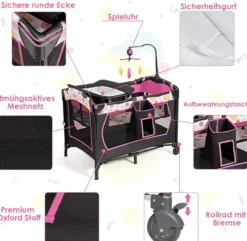 4 in 1 klappbares Reisebett & Beistellbett & Wickeltisch & Laufstall