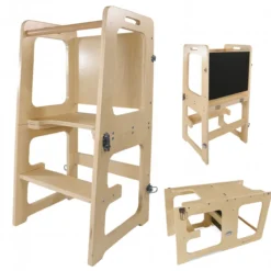 3in1 Lernturm aus Birke mit Maltafel, Tisch und Stuhl für Kinder, natur