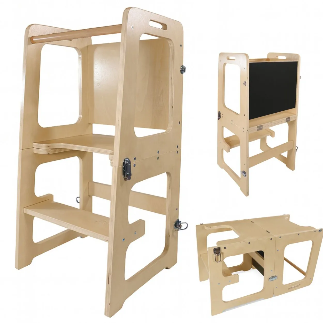 3in1 Lernturm aus Birke mit Maltafel, Tisch und Stuhl für Kinder, natur