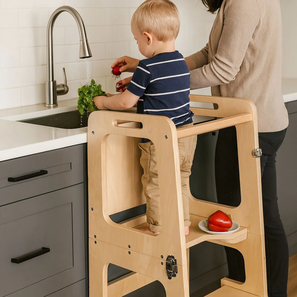 3in1 Lernturm aus Birke mit Maltafel, Tisch und Stuhl für Kinder, natur