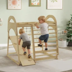 6-in-1 Montessori Klettergerüst Indoor Holz Spielplatz mit Rutsche Turnringen