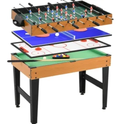 4 in 1 Multigame Spieletisch, Partyspieltisch mit Tischtennis Stahl, Naturholz