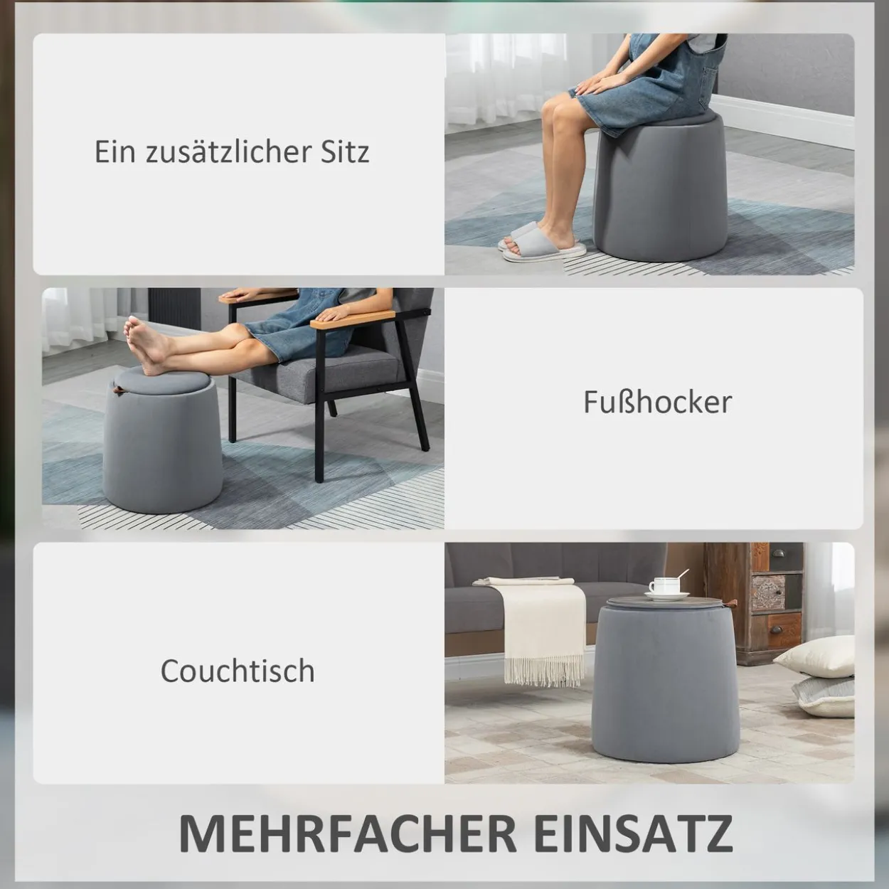 2-in-1 Ottomane Sitzhocker inklusive Stauraum, abnehmbaren Deckel Grau