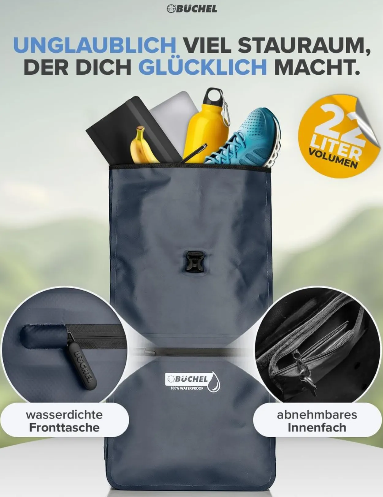 3in1 wasserdichte Fahrradtasche / Rucksack für Gepäckträger 22L
