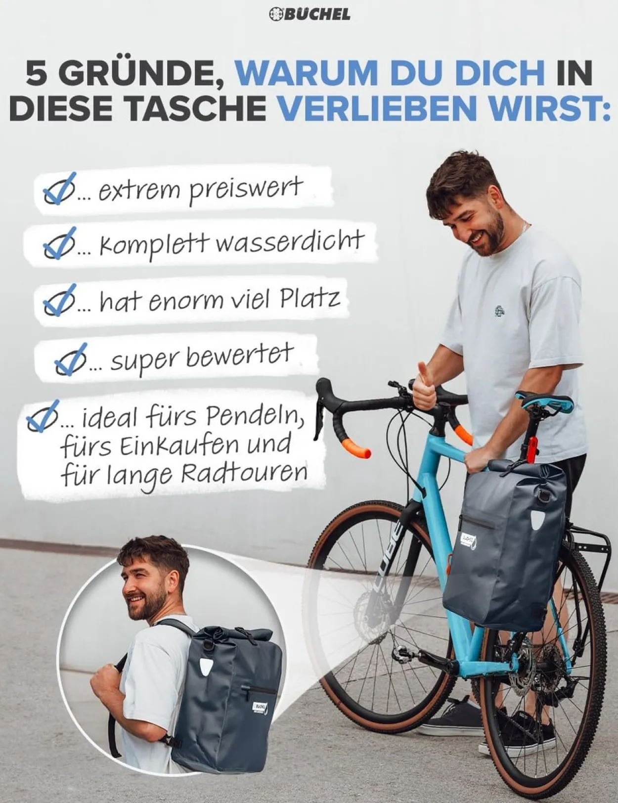 3in1 wasserdichte Fahrradtasche / Rucksack für Gepäckträger 22L