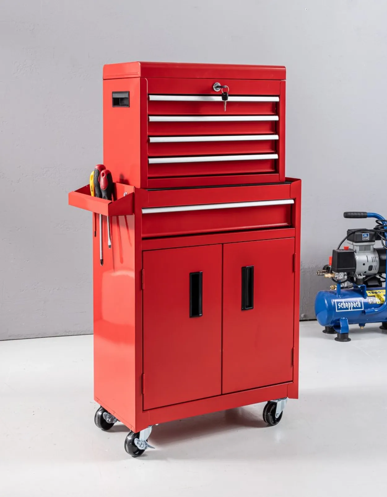 2 in 1 Werkstattwagen 5 Schubladen 50 cm, rot