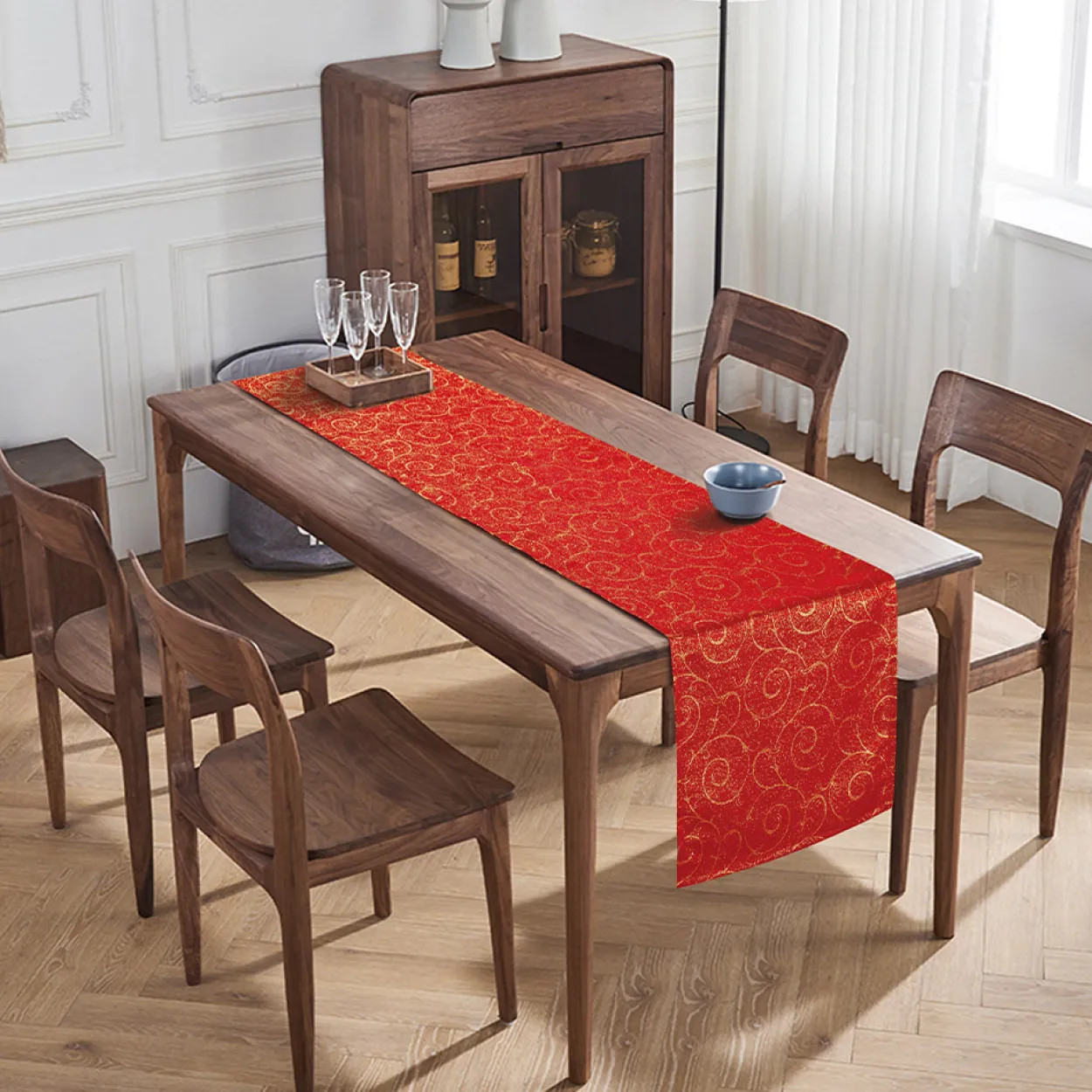 Jacquard-Tischläufer mit Goldeffekt - Rot/Gold