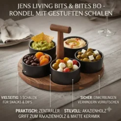 JENS Living Bits & Bites Bo Groß – Serviertablett aus Akazienholz mit 5 schwarzen Keramikschalen