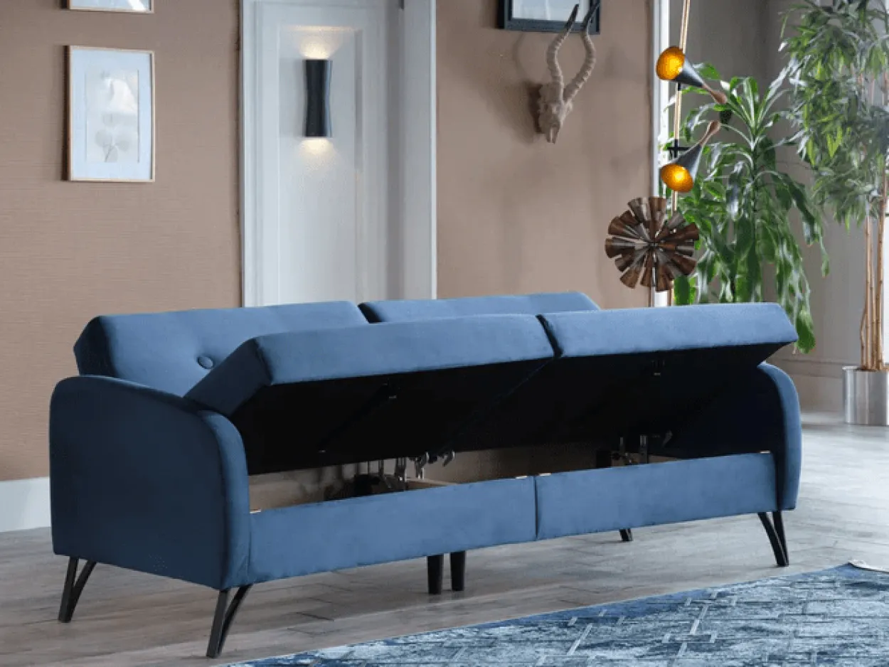 Juniper 3-Sitzer Schlafsofa mit Bettkasten und Schlaffunktion - Blau