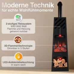 KAMINIO Elektrischer Gartenkamin KAI XL mit Ofenrohr - Elektro Terrassenofen - Schwarz