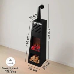 KAMINIO Elektrischer Gartenkamin KAI XL mit Ofenrohr - Elektro Terrassenofen - Schwarz