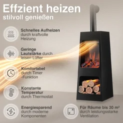 KAMINIO Elektrischer Gartenkamin KAI L mit Ofenrohr - Elektro Terrassenofen - Schwarz