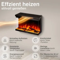KAMINIO Elektrokamin LEA - Elektrischer 3-in-1 Kamin mit Panoramaview - 30 Zoll