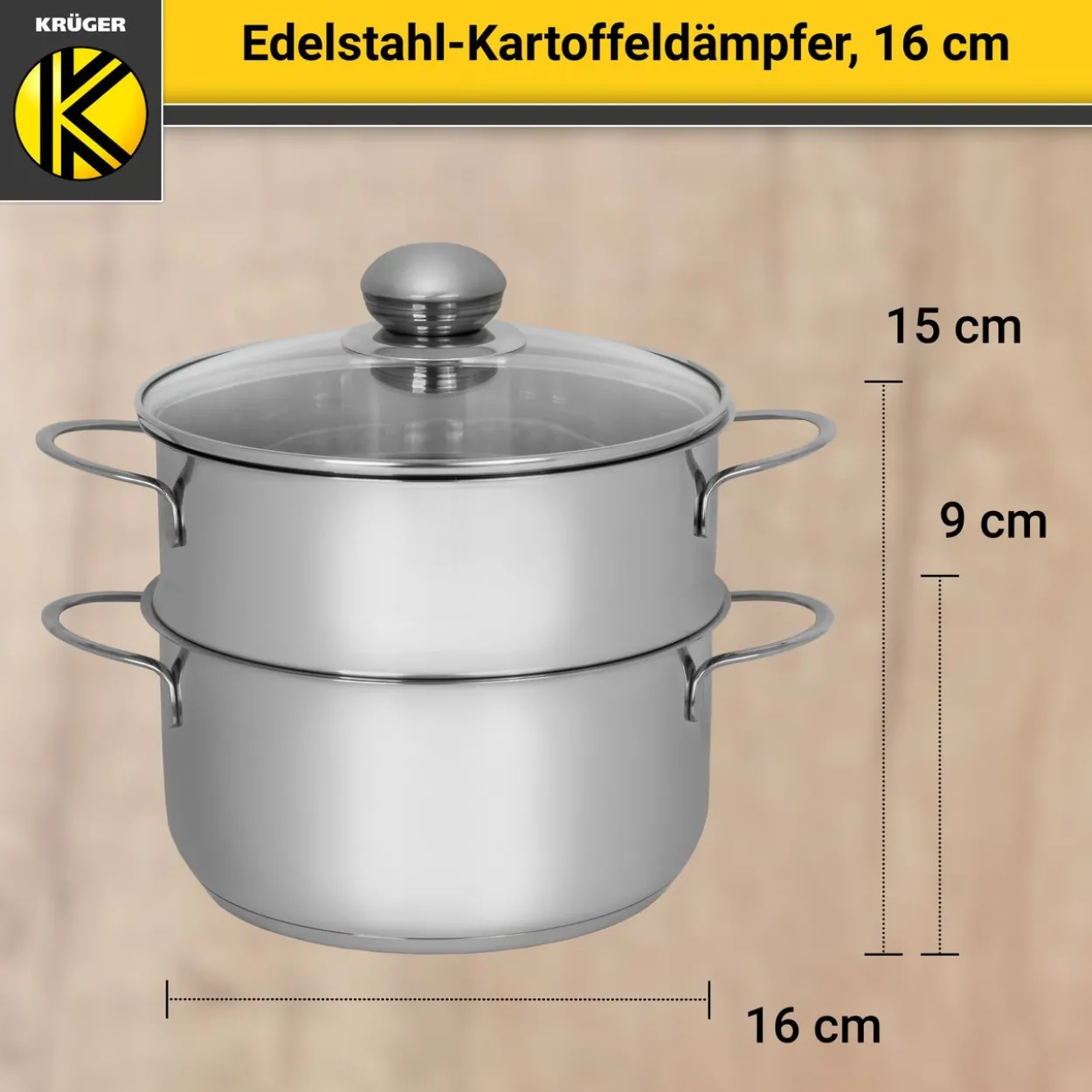 Kartoffeldämpfer Edelstahl mit Glasdeckel, 16 cm