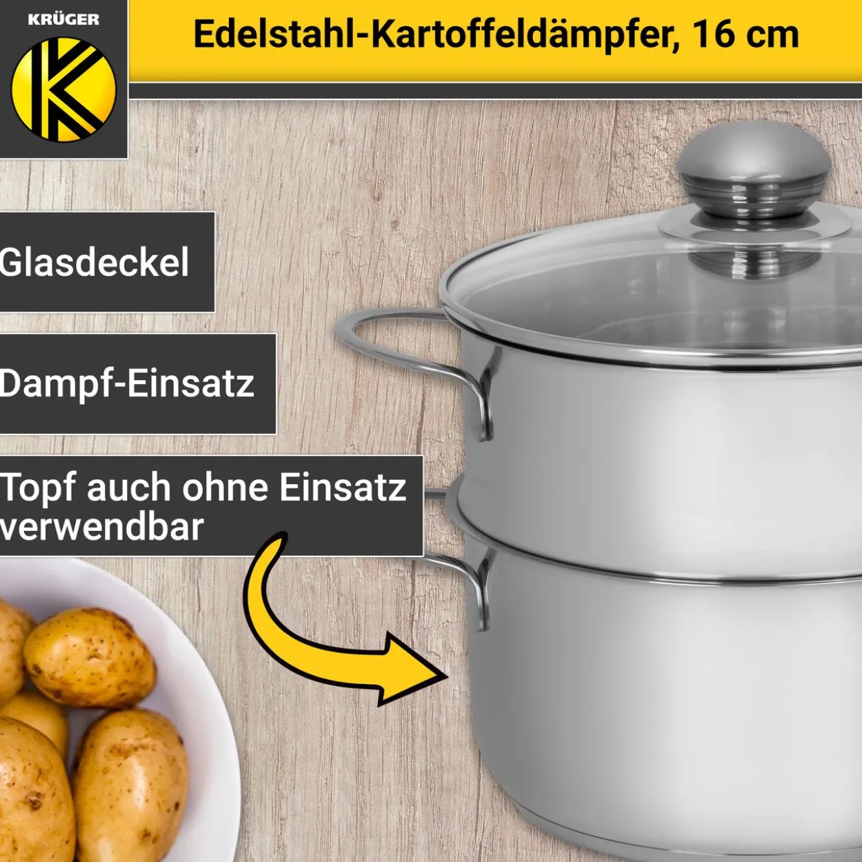Kartoffeldämpfer Edelstahl mit Glasdeckel, 16 cm
