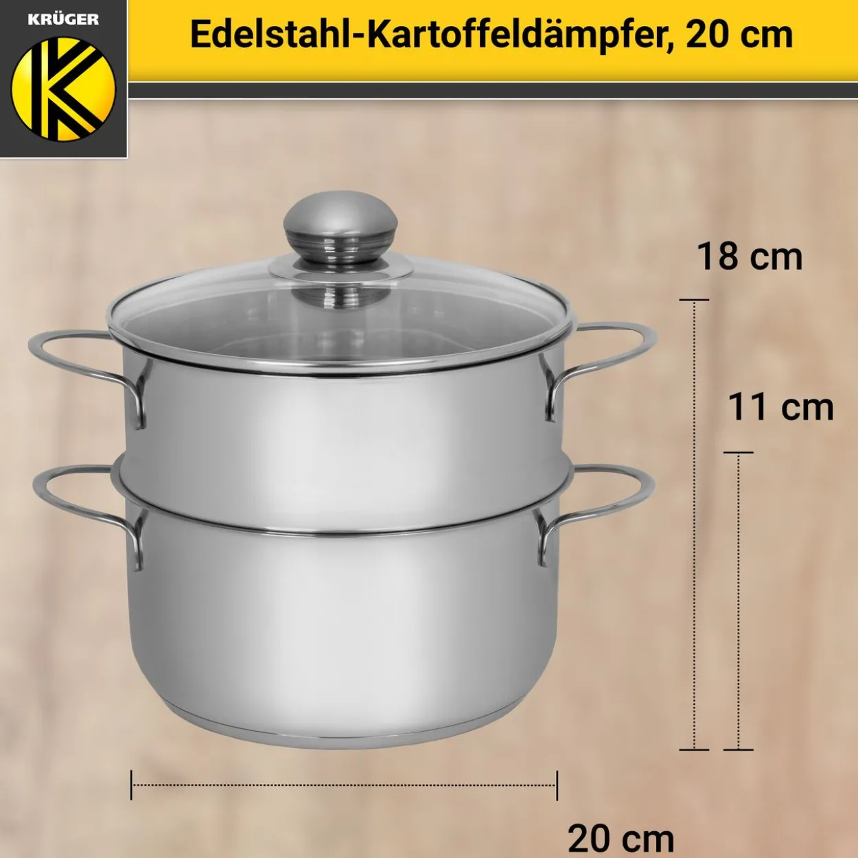 Kartoffeldämpfer Edelstahl mit Glasdeckel, 20 cm