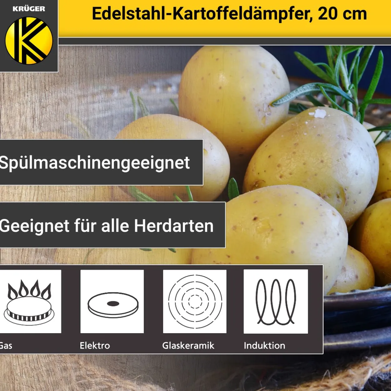 Kartoffeldämpfer Edelstahl mit Glasdeckel, 20 cm