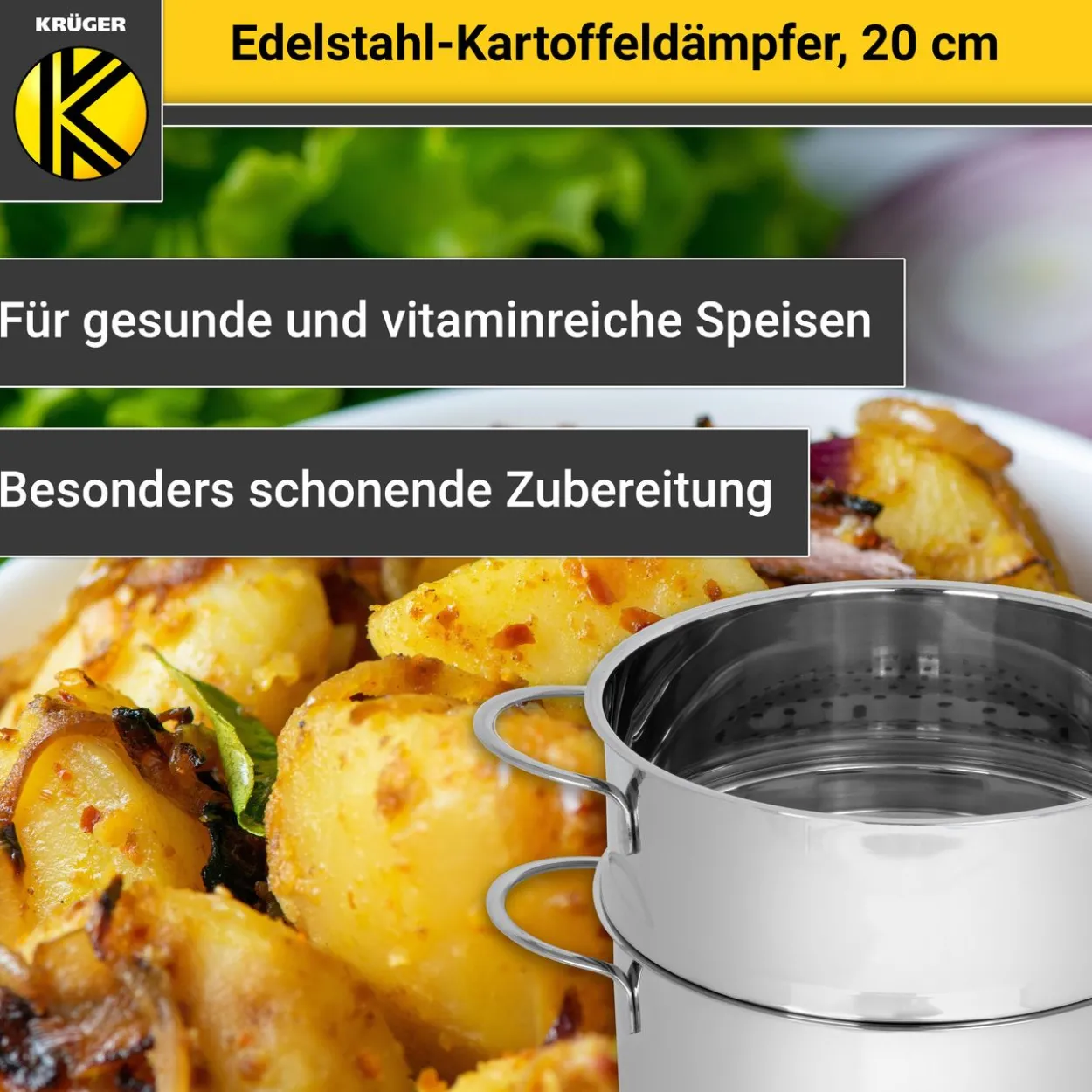 Kartoffeldämpfer Edelstahl mit Glasdeckel, 20 cm