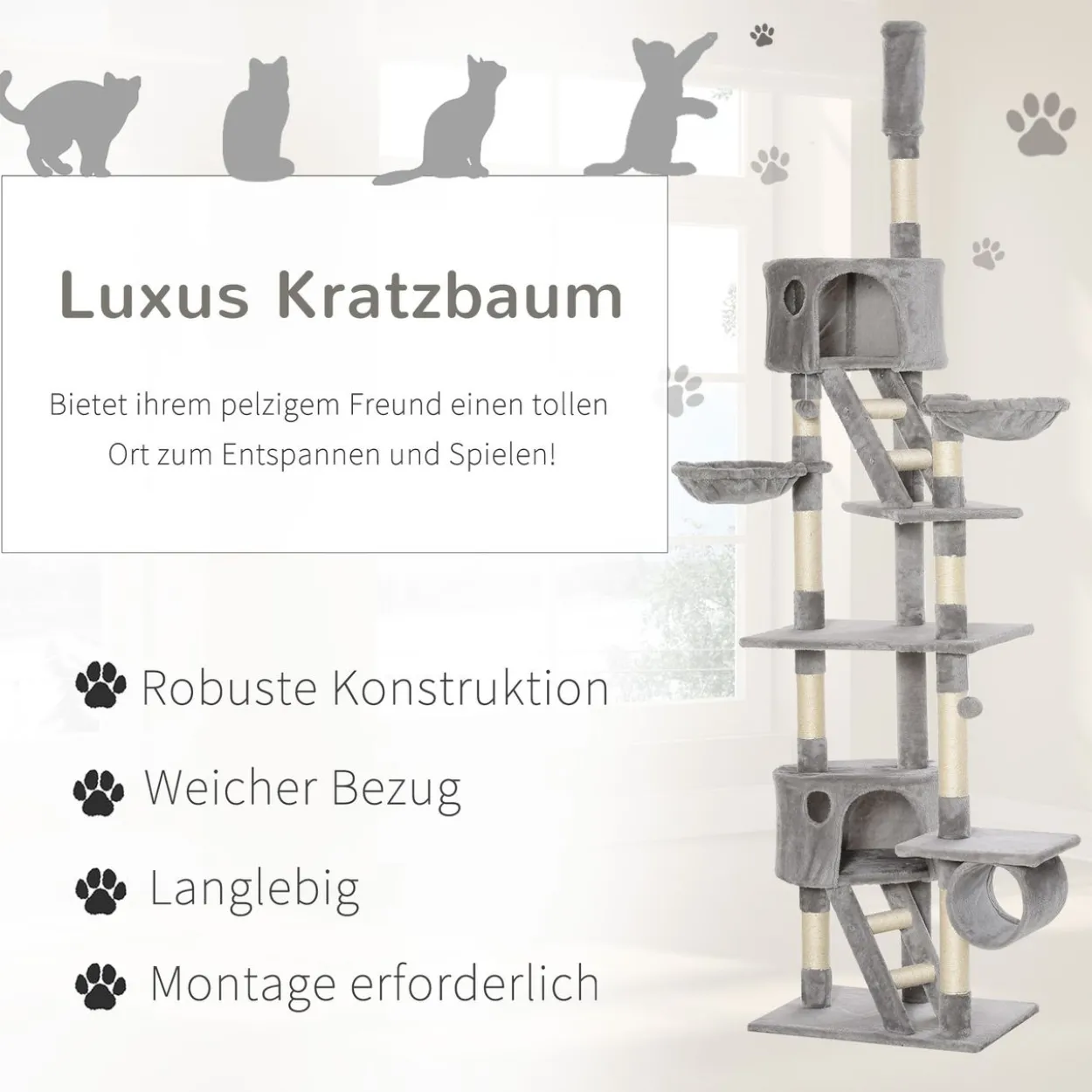 Katzenbaum Kratzbaum Kletterbaum deckenhoch verstellbar Hellgrau