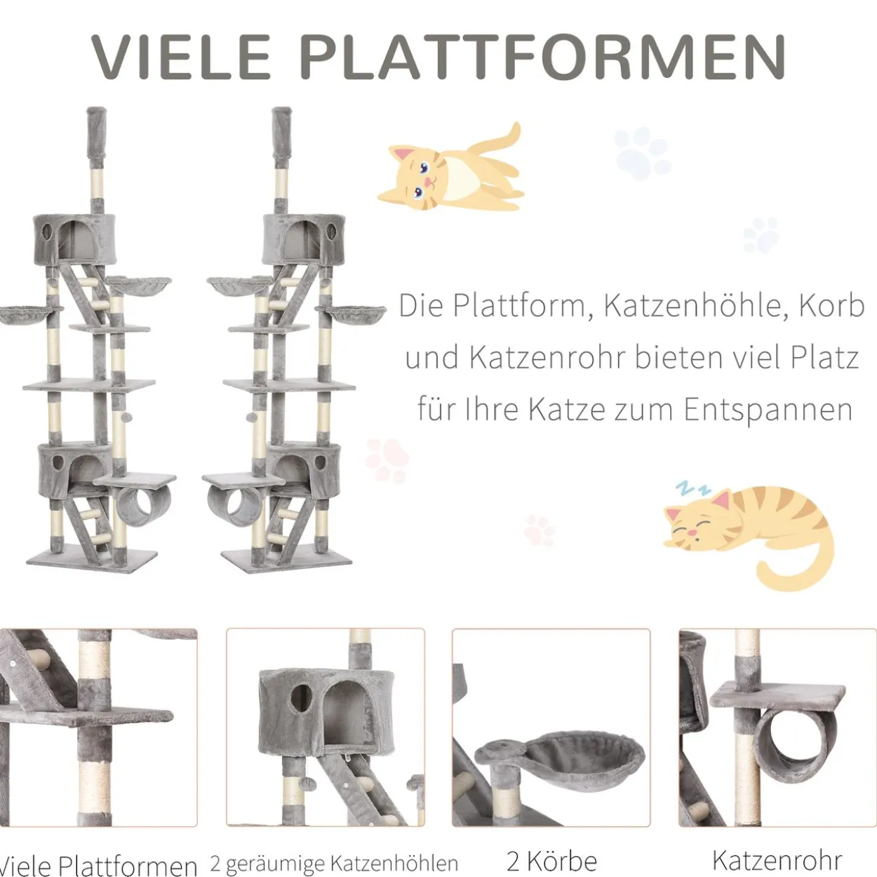 Katzenbaum Kratzbaum Kletterbaum deckenhoch verstellbar Hellgrau