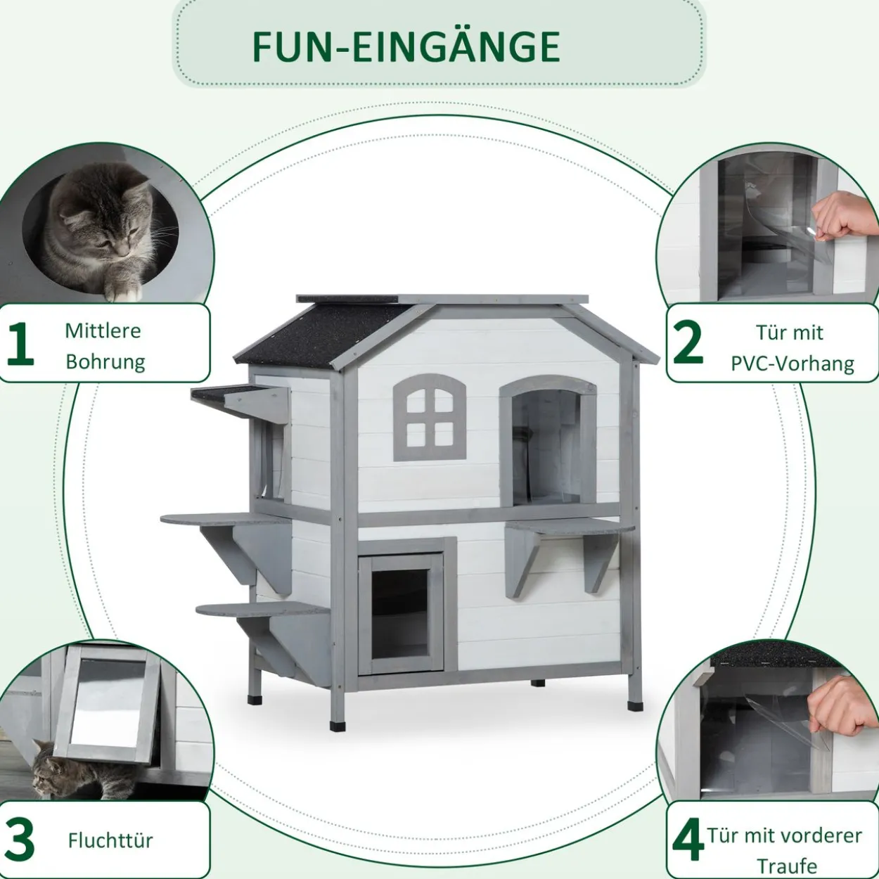 Katzenhaus Outdoor Katzenhütte 2-Etagen Katzenvilla Asphaltdach Weiß