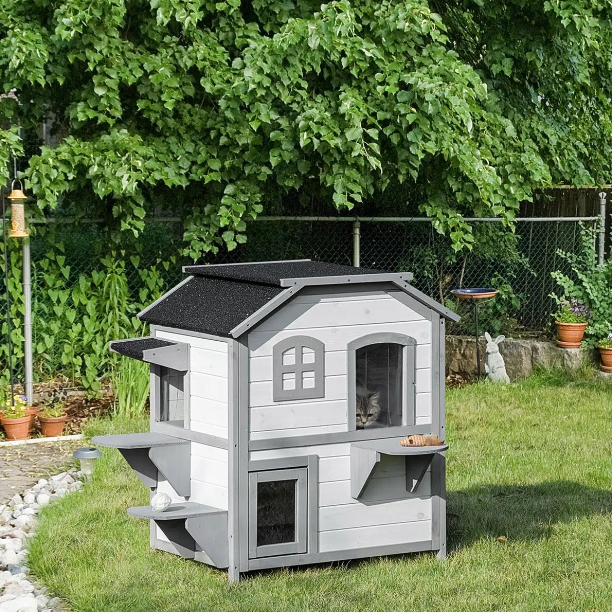 Katzenhaus Outdoor Katzenhütte 2-Etagen Katzenvilla Asphaltdach Weiß