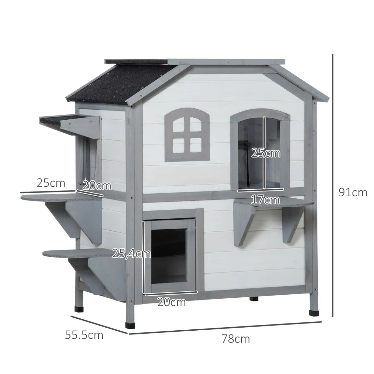 Katzenhaus Outdoor Katzenhütte 2-Etagen Katzenvilla Asphaltdach Weiß