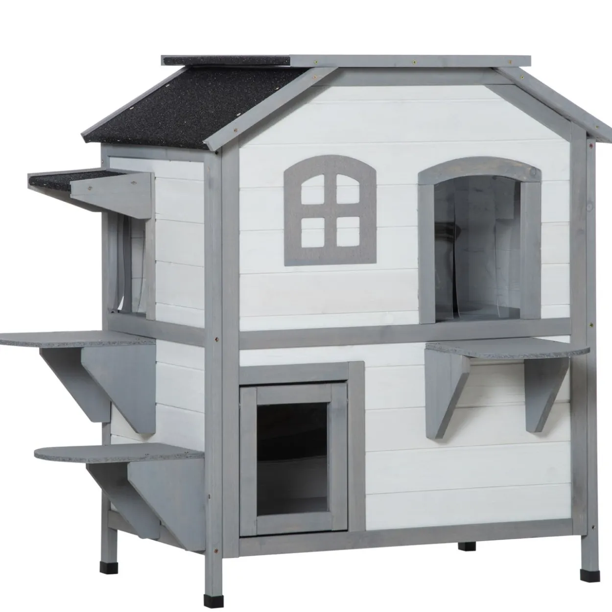 Katzenhaus Outdoor Katzenhütte 2-Etagen Katzenvilla Asphaltdach Weiß