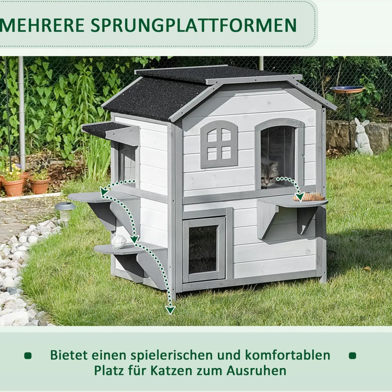 Katzenhaus Outdoor Katzenhütte 2-Etagen Katzenvilla Asphaltdach Weiß