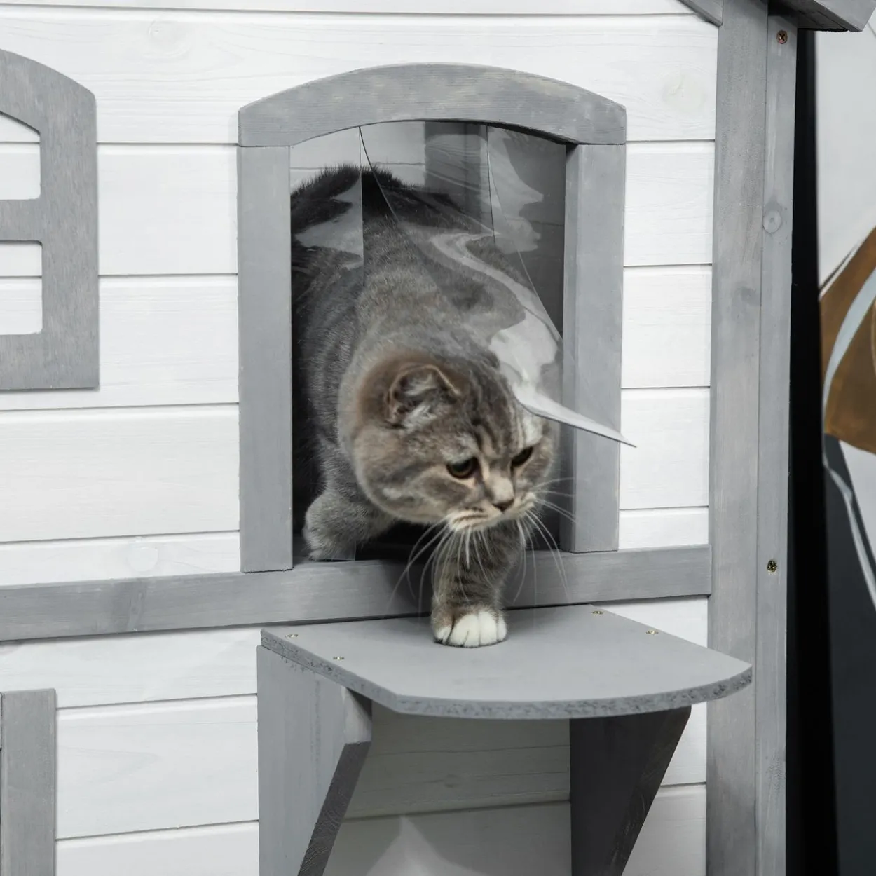 Katzenhaus Outdoor Katzenhütte 2-Etagen Katzenvilla Asphaltdach Weiß
