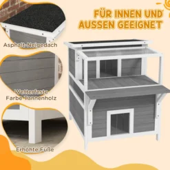 Katzenhöhle, Katzenhütte aus Tannenholz, Katzenhaus mit Balkon, Eingängen