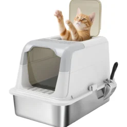 Katzenklo, Katzentoilette mit Deckel, Streuschaufel, Wanne aus Edelstahl Weiß bis 7 kg