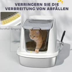 Katzenklo, Katzentoilette mit Deckel, Streuschaufel, Wanne aus Edelstahl Weiß bis 5 kg